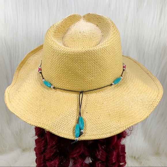 Golden Natural Fiber Cowboy Hat with Beaded Embellished String Tie Band - Picture 3 of 9